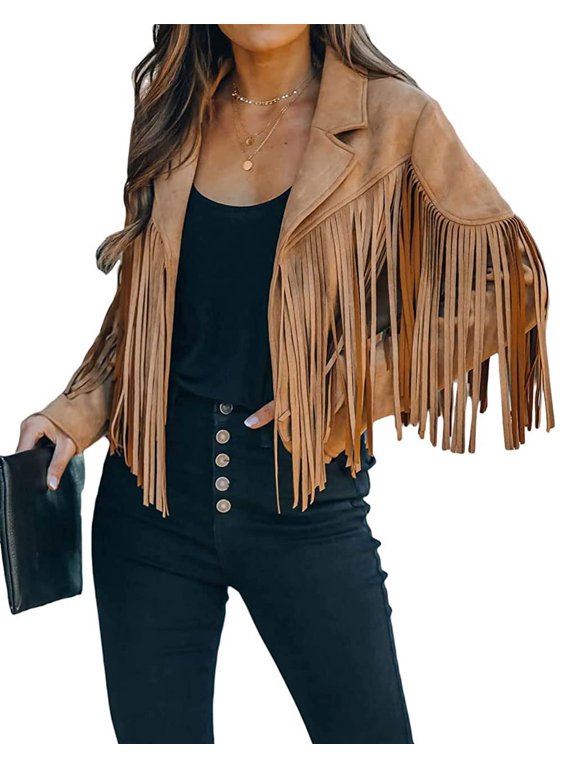 Women's Brown Suede Fringe Jacket Long Sleeve Slim Faux Leather Boyfriend Cropped Top with Tassles