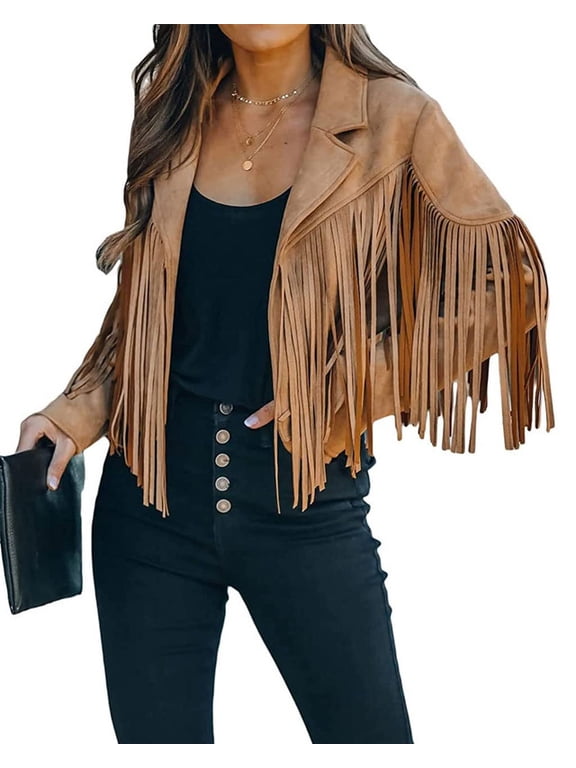 Women's Brown Suede Fringe Jacket Long Sleeve Slim Faux Leather Boyfriend Cropped Top with Tassles