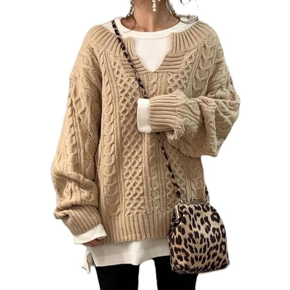 sicmoss Women's Camel Chunky Cable Knit V-Neck Pullover Sweater, Long Sleeve Loose