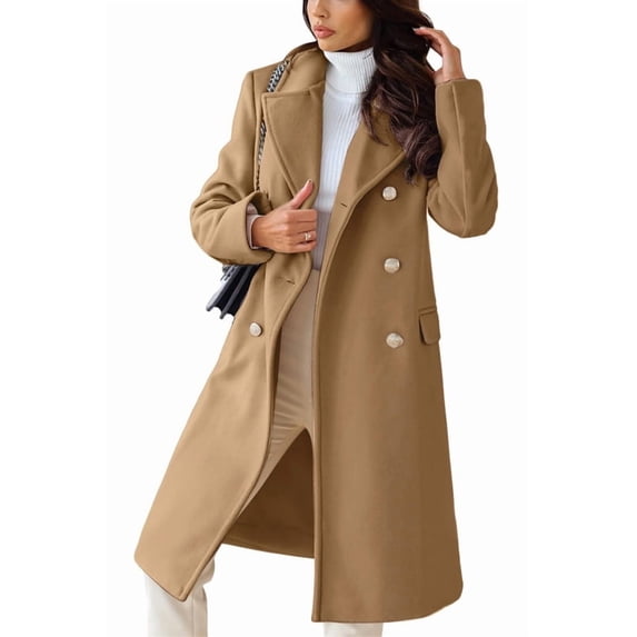 sicmoss Women's Camel Double Breasted Wool Overcoat, Lapel Long Winter with Pockets