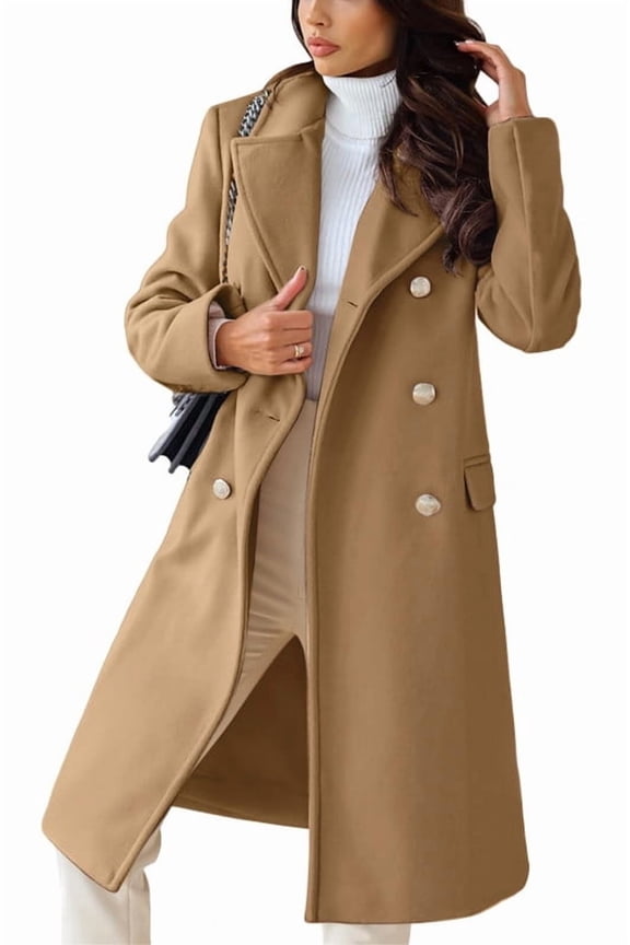 Women's Camel Double Breasted Wool Overcoat, Lapel Long Winter with Pockets