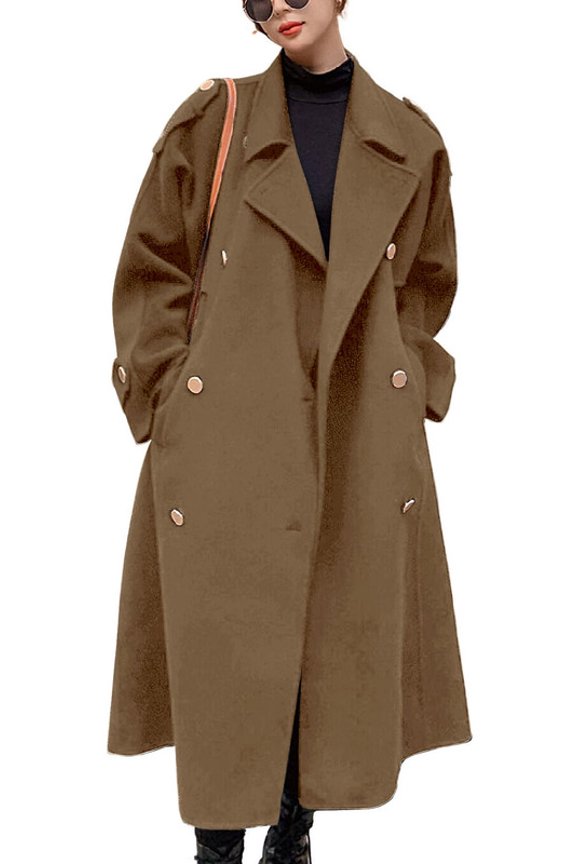 Women's Camel Double Breasted Wool Pea Coat Notch Lapel Midi Winter