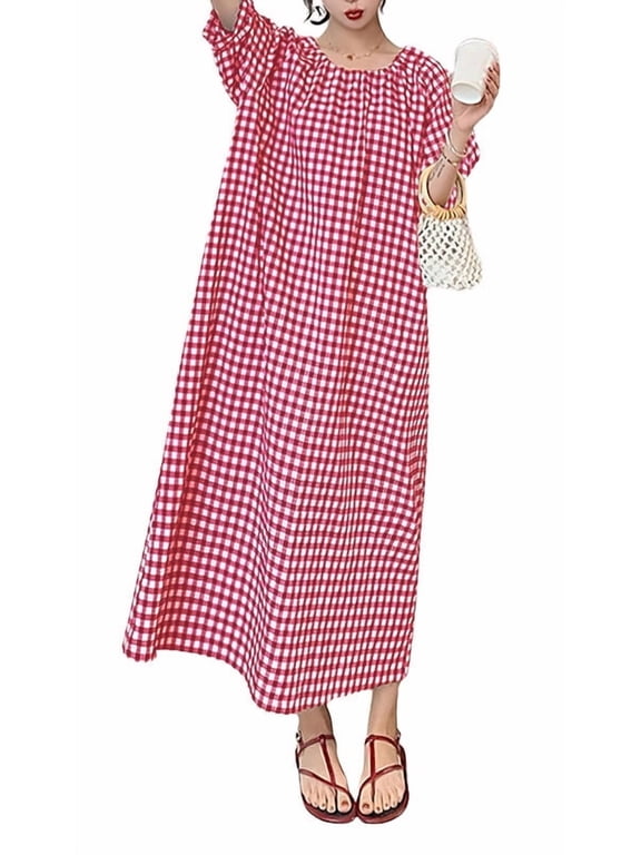 Women's Red Cotton Striped Gingham Swing Dress Crew Neck Loose Fit Midi Lantern Sleeve