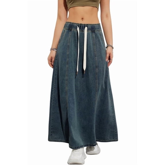 sicmoss Women's Blue Denim Maxi Skirt High Waist Paperbag Waist A-Line Flare Casual with Pockets