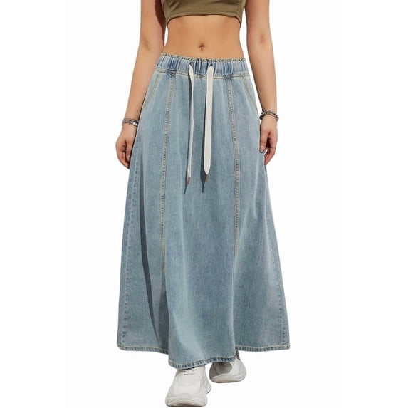sicmoss Women's Blue Denim Maxi Skirt High Waist Paperbag Waist A-Line Flare Casual with Pockets