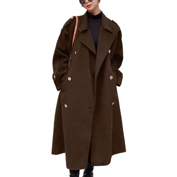 sicmoss Women's Coffee Double Breasted Wool Pea Coat Notch Lapel Midi Winter
