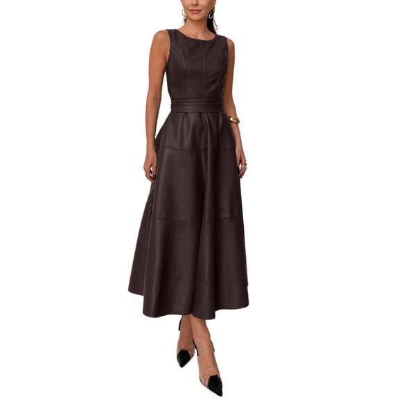 sicmoss Women's Coffee Faux Leather Sleeveless Flowy Long Dress Elegant Party with Belt