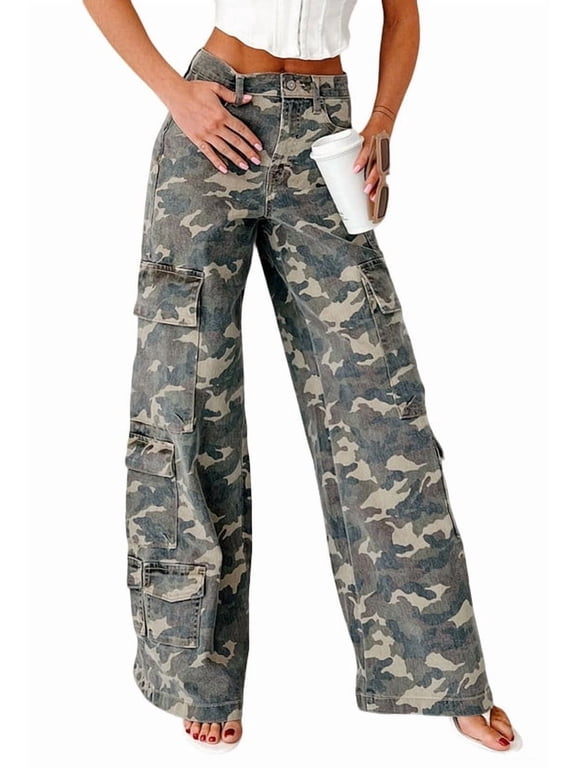 Women's Cotton Camo Print Y2K Wide Leg Cargo Jeans Long Distressed with Pockets