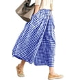thumbnail image 1 of sicmoss Women's Blue Cotton Linen Gingham Wide Leg Capri Pants Elastic Waist with Pockets, 1 of 7