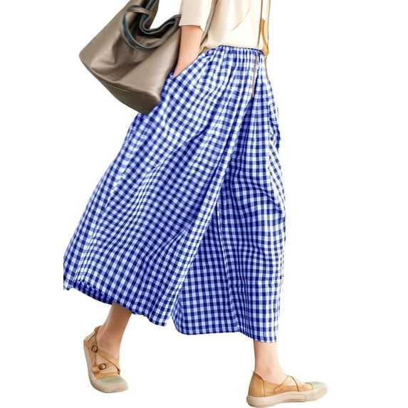 sicmoss Women's Blue Cotton Linen Gingham Wide Leg Capri Pants Elastic Waist with Pockets