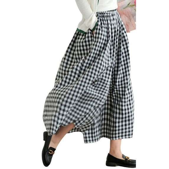 sicmoss Women's Black Cotton Linen Gingham Wide Leg Capri Pants Elastic Waist with Pockets