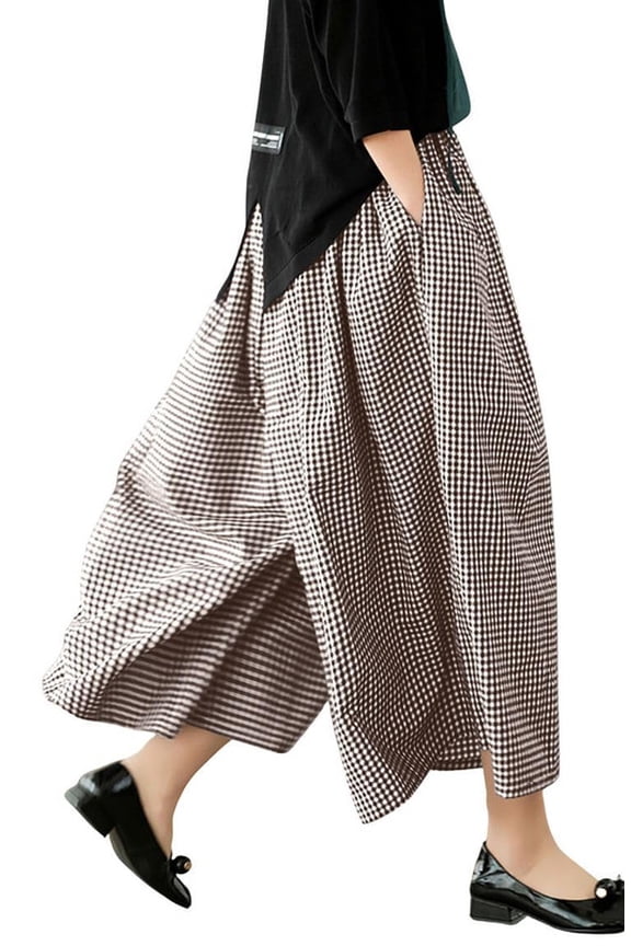 Women's Brown Cotton Linen Gingham Wide Leg Capri Pants Elastic Waist with Pockets