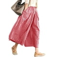 thumbnail image 1 of sicmoss Women's Red Cotton Linen Gingham Wide Leg Capri Pants Elastic Waist with Pockets, 1 of 7