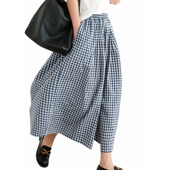 sicmoss Women's Blue Cotton Linen Gingham Wide Leg Capri Pants Elastic Waist with Pockets