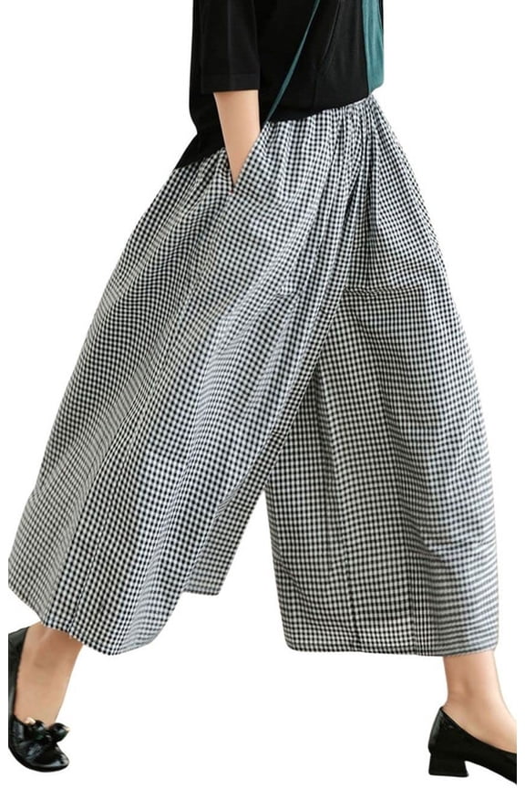 Women's Cotton Linen Pants Elastic Waist Plaid Gingham Wide Leg Capri Palazzo Pants