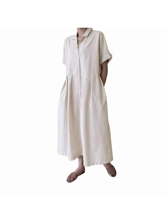 Women's Cotton Striped Shirt Dress Button Up Short Sleeve Midi Long Shift Dress with Pockets