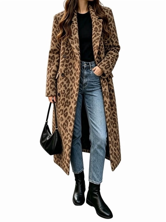 Women's Double Breasted Leopard Long Wool Coat Open Front Multi Pocket Winter Warm