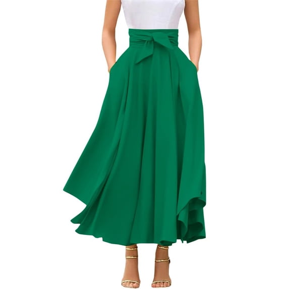 sicmoss Women's Green High Waisted Bohemian Maxi Skirt, Side Slit Flowy with Pockets