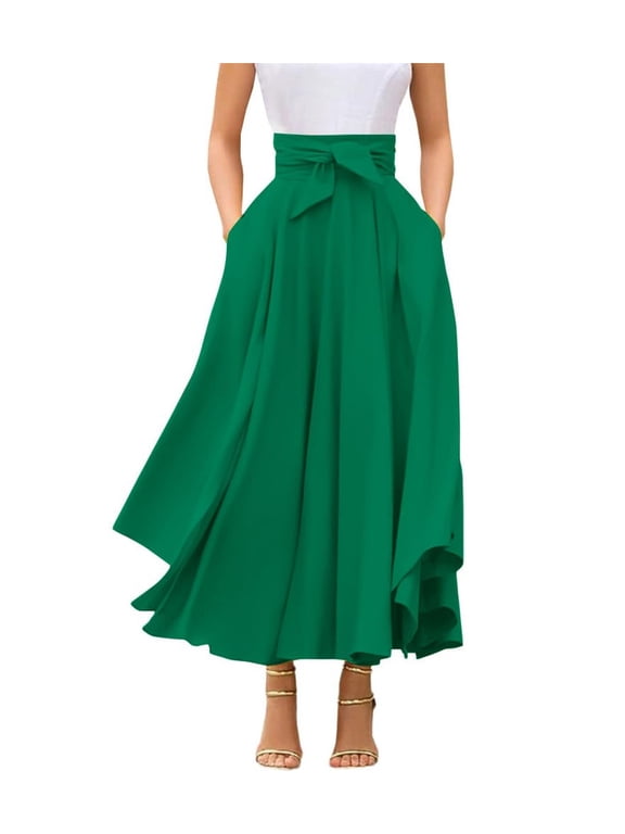 Women's Green High Waisted Bohemian Maxi Skirt, Side Slit Flowy with Pockets