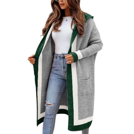 sicmoss Women's Gray Color Block Vertical Striped Hooded Cardigan Open Front Oversized Long with Pockets
