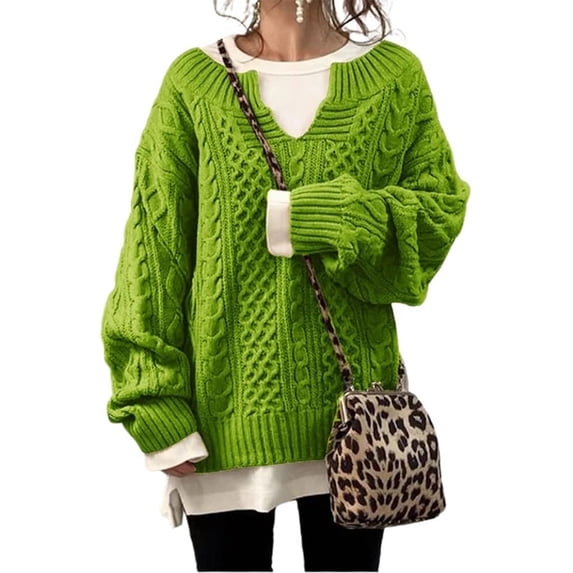 sicmoss Women's Green Chunky Cable Knit V-Neck Pullover Sweater, Long Sleeve Loose