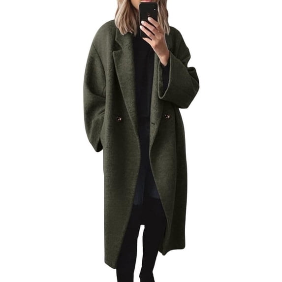 sicmoss Women's Green Double Breasted Wool Coat Notch Lapel Long Sleeve Long with Pockets Fall Winter