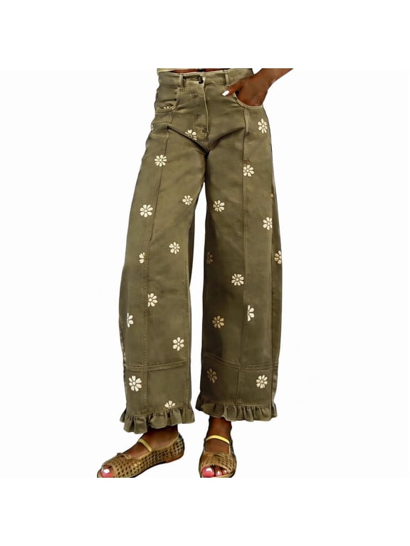 Women's Green Cotton Barrel Jeans Y2K Wide Leg Baggy Ruffle Hem with Pockets