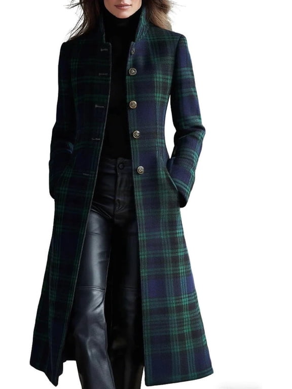 Women's Green Long Wool Plaid Pea Coat Single Breasted Midi Overcoat