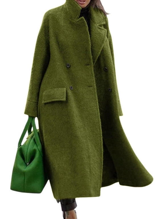 Women's Green Oversized Long Winter Wool Blend Pea Trench Coat Overcoat