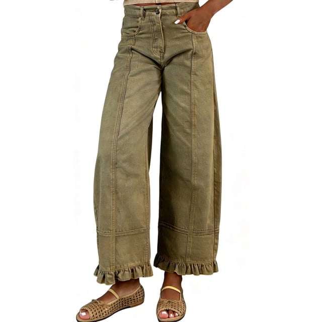 Jean Leg Sticker sicmoss Women's Green Cotton Barrel Jeans Y2K Wide Leg Baggy Ruffle Hem ...