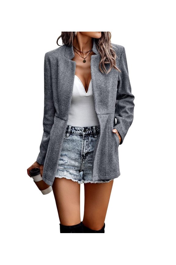Women's Grey Business Open Front Long Sleeve Notch Lapel Blazer Jacket with Pockets