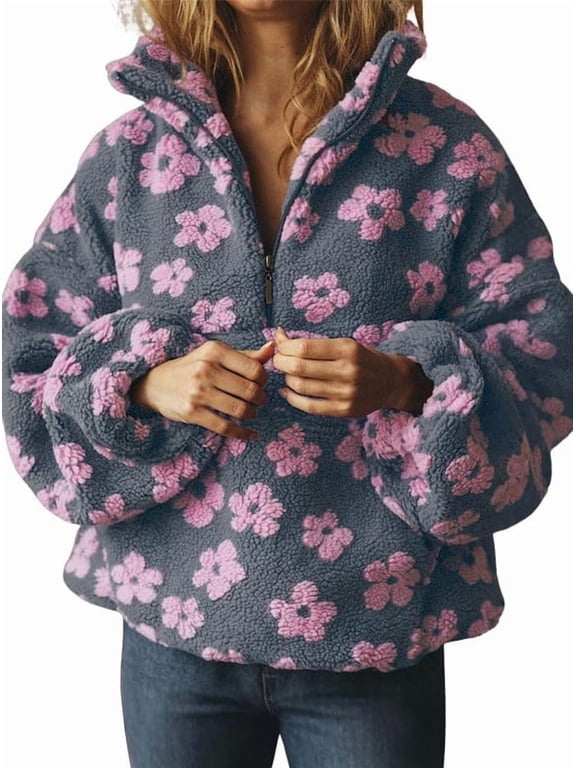 Women's Grey Pink Fall Cute Floral Faux Fur Pullover Fleece Sweatshirts Y2k Casual Zip Up Winter Sherpa Jacket