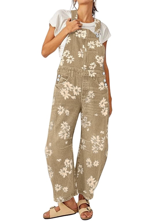 Women's Khaki Cotton Floral Print Y2K Baggy Wide Leg Denim Overalls Adjustable Straps with Pockets