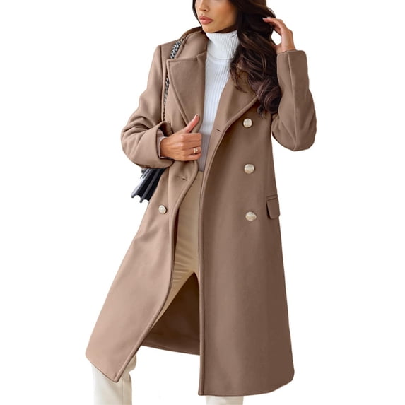 sicmoss Women's Khaki Double Breasted Wool Overcoat, Lapel Long Winter with Pockets