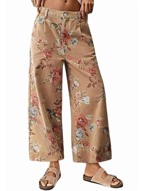 Women's Khaki Floral Print Mid Rise Cropped Wide Leg Jeans Boho Baggy with Pockets