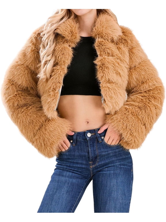 Women's Khaki Fluffy Faux Fur Short Jacket, Lapel Long Sleeve, Zipper Cropped