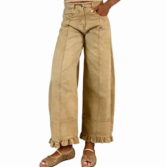 sicmoss Women's Khaki Cotton Barrel Jeans Y2K Wide Leg Baggy Ruffle Hem with Pockets