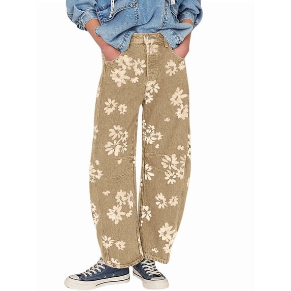 sicmoss Women's Khaki Y2K Distressed Barrel Jeans Baggy Wide Leg Floral Print Long with Patchwork