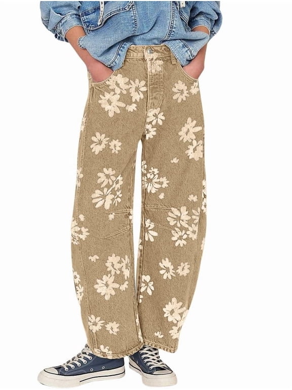 Women's Khaki Cotton Y2K Distressed Barrel Jeans Baggy Wide Leg Floral Print Long Patchwork with Pockets