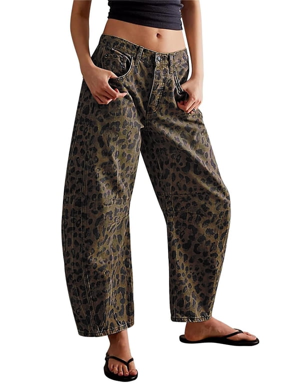 Women's Leopard Y2K Vintage Mid Rise Stretchy Barrel Jeans Loose Wide Leg Cropped with Pockets