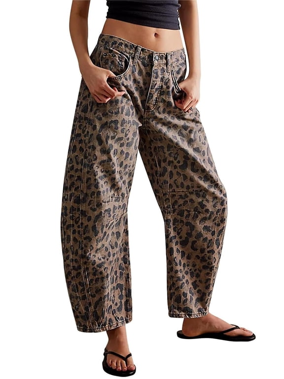 Women's Leopard Y2K Vintage Mid Rise Stretchy Barrel Jeans Loose Wide Leg Cropped with Pockets