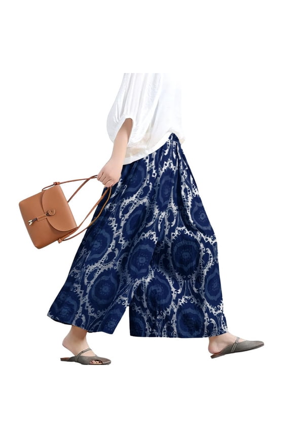 Women's Loose Floral Printed Cotton Crop Pants Elastic Waist Wide Leg Palazzo Trousers