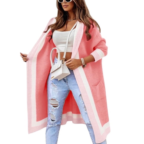 sicmoss Women's Pink Color Block Vertical Striped Hooded Cardigan Open Front Oversized Long with Pockets