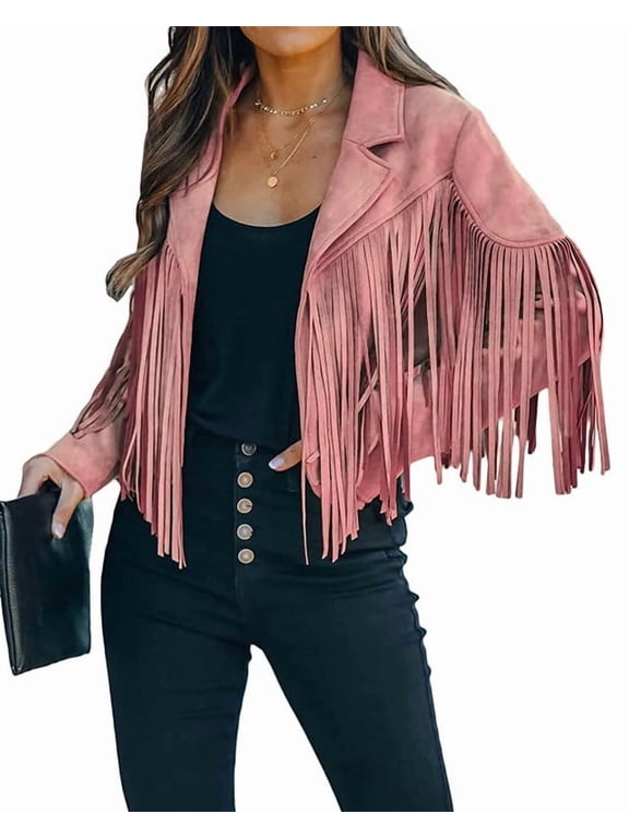 Women's Pink Suede Fringe Jacket Long Sleeve Slim Faux Leather Boyfriend Cropped Top with Tassles