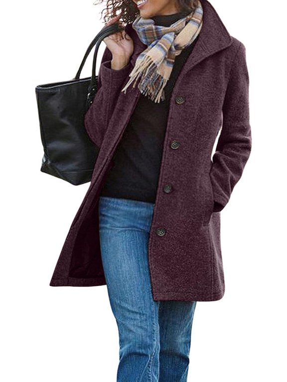 Women's Purple Casual Thicken Wool Blend Stand Collar Single Breasted Pea Coat