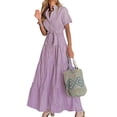 thumbnail image 1 of sicmoss Women's Purple Striped Short Sleeve Button Front Maxi Shirt Dress Tie Waist Tiered Ruffle with Slit and Pockets, 1 of 7