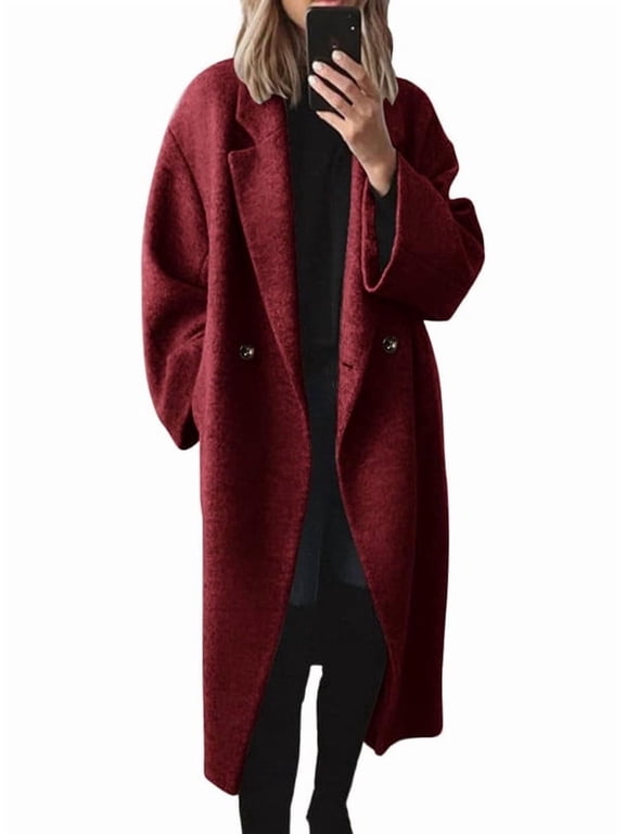 Women's Red Double Breasted Wool Coat Notch Lapel Long Sleeve Long with Pockets Fall Winter