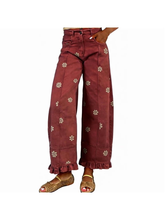 Women's Red Cotton Barrel Jeans Y2K Wide Leg Baggy Ruffle Hem with Pockets