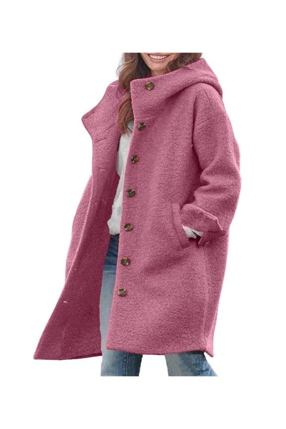 Women's Red Single Breasted Long Wool Coat, Hooded Winter with Pockets