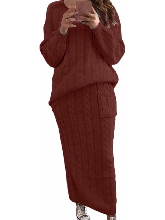 Women's Red Winter Chunky Cable Knit Sweater Skirt 2 Piece Set